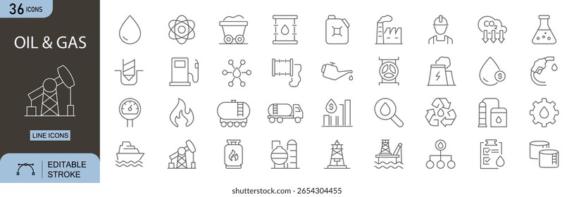 Conjunto de ícones de óleo e gás. Inclui ícones para plataforma de petróleo, bomba de combustível, tanque de gás, refinaria, barril, tubulação, industrial e produção de energia. Traçado editável. Ícones de linha. Perfeito para infográficos.