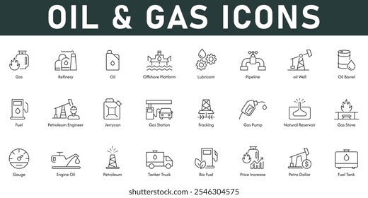 Iconos de petróleo y gas Ilustración vectorial con carrera editable de línea delgada que contiene refinería lubricante tubería barril gasolinera gasolinera gasolinera gasolinera gas gas gas gas bomba de reserva natural gauge motor aceite