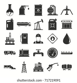 Oil gas industry black silhouette icons set with offshore platform drilling rig and tanker vessel isolated vector illustration. Oil gas industry objects for industrial design