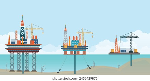 Industria petrolera de gas con productos químicos o petroquímicos, planta de refinería de petróleo de procesamiento, torre de la plataforma, y la fábrica de extracción de gas de petróleo y plataforma de perforación de la plataforma de agua, Ilustración vectorial.