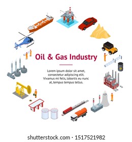 Oil Gas Industry Concept Banner Card Circle 3d Isometric View Include of Pump, Transportation, Station, Tanker and Platform. Vector illustration