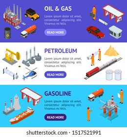 Oil Gas Industry Concept Banner Horizontal Set 3d Isometric View Include of Pump, Transportation, Station, Tanker and Platform. Vector illustration