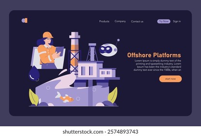 Oil and Gas Industry concept. An engineer oversees operations on an offshore drilling platform, marine life below. Environmental impact of energy production. Vector illustration.