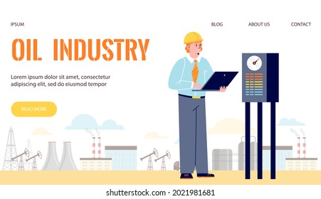 Oil and gas Industry concept with male character working on pipeline. Banner in flat style vector illustration isolated. Oilman worker on production line petrol refinery checks quality control.