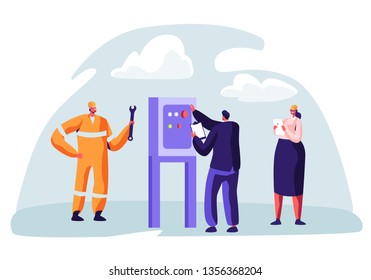 Oil and Gas Industry Concept with Man Character Working on the Pipeline. Oilman Worker on Production Line Petrol Refinery with Woman Check Quality Control. Vector flat illustration