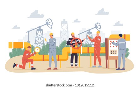 Oil Gas Industry Concept. People Oilman Worker Wearing Overalls Engaged In Gasoline Pipe Steel Construction Welding, Servicing. Production Line Petrol Refinery Maintenance. Pipeline Surveillance