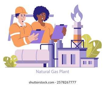 Oil and Gas Industry concept. Workers inspecting with clipboards at a natural gas plant facility. Industrial structures and energy flame. Vector illustration.