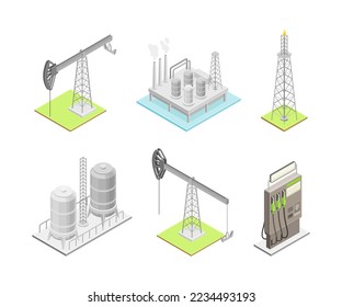 Oil and gas industry elements set. Gas station, drilling rig production platform isometry vector illustration