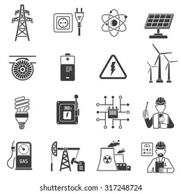 Energieerzeugung und -übertragung in der Öl- und Gasindustrie und deren Übertragung von Symbolen auf schwarzen Symbolen auf abstrakte Vektorgrafik