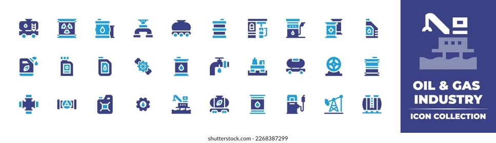 Oil and gas industry icon collection. Duotone color. Vector illustration. Containing oil tanker, oil barrel, pipe, gas truck, gas station, station, fuel, jerrycan, pipeline, tank.