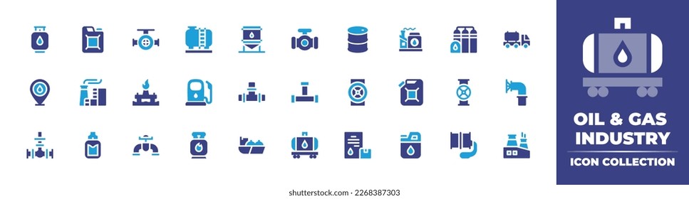 Oil and gas industry icon collection. Duotone color. Vector illustration. Containing gas cylinder, jerrycan, valve, oil tank, storage tank, pipe, petroleum, factory, refinery, truck.