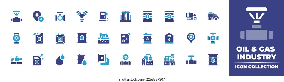 Oil and gas industry icon collection. Duotone color. Vector illustration. Containing pipeline, location, valve, pipe, biofuel, storage tank, barrel, tank truck, jerrycan, gasoline, oil barrel.