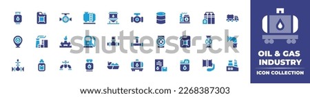 Oil and gas industry icon collection. Duotone color. Vector illustration. Containing gas cylinder, jerrycan, valve, oil tank, storage tank, pipe, petroleum, factory, refinery, truck.