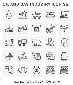 Oil and gas industry icon i.e. global process of exploration, extraction and refinery. Transport by oil tanker and pipeline. Business of petroleum product. Gas station and refuel. Vector icon set.