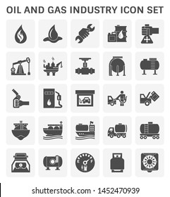 Oil and gas industry icon i.e. global process of exploration, extraction and refinery. Transport by oil tanker and pipeline. Business of petroleum product. Gas station and refuel. Vector icon set.