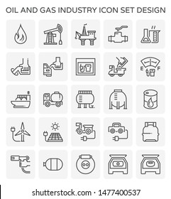 Oil and gas industry icon i.e. global process of exploration, extraction and refinery. Transport by oil tanker and pipeline. Business of petroleum product. Gas station and refuel. Vector icon set.