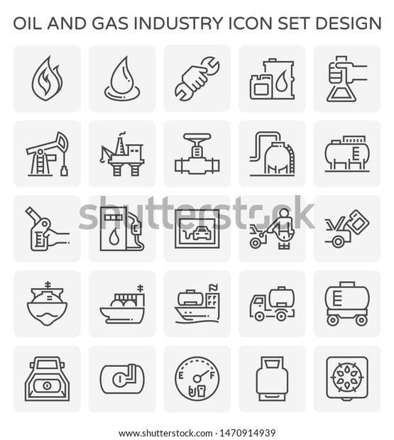 Oil and gas industry icon i.e. global process of
exploration, extraction and refinery. Transport by oil tanker and
pipeline. Business of petroleum product. Gas station and refuel.
Vector icon set.