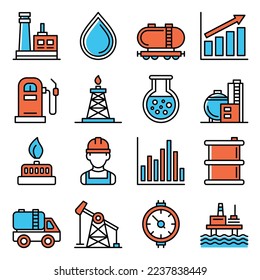 Oil and Gas Industry Icons Set on White Background. Vector
