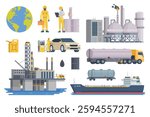 Oil and Gas Industry Illustration Bundle. Vector Set of Drilling Platform Rig, Worker, Refinery, Gas Station, and Transportation like Tanker Truck and Tanker Ship. Fully Editable Modular Elements.