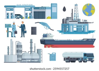Oil and Gas Industry Illustration Bundle. Vector Set of Drilling Platform Rig, Worker, Refinery, Gas Station, and Transportation like Tanker Truck and Tanker Ship. Fully Editable Modular Elements.