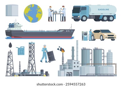 Oil and Gas Industry Illustration Bundle. Vector Set of Drilling Platform Rig, Worker, Refinery, Gas Station, and Transportation like Tanker Truck and Tanker Ship. Fully Editable Modular Elements.