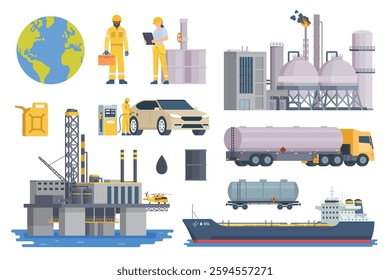Oil and Gas Industry Illustration Bundle. Vector Set of Drilling Platform Rig, Worker, Refinery, Gas Station, and Transportation like Tanker Truck and Tanker Ship. Fully Editable Modular Elements.