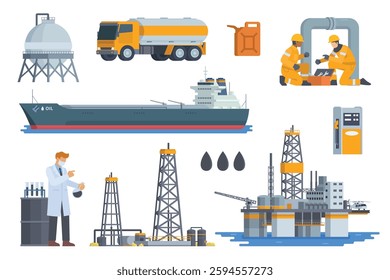 Oil and Gas Industry Illustration Bundle. Vector Set of Drilling Platform Rig, Worker, Refinery, Gas Station, and Transportation like Tanker Truck and Tanker Ship. Fully Editable Modular Elements.