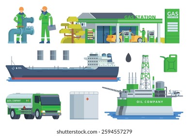 Oil and Gas Industry Illustration Bundle. Vector Set of Drilling Platform Rig, Worker, Refinery, Gas Station, and Transportation like Tanker Truck and Tanker Ship. Fully Editable Modular Elements.