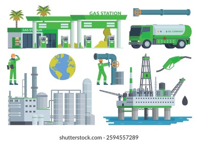 Oil and Gas Industry Illustration Bundle. Vector Set of Drilling Platform Rig, Worker, Refinery, Gas Station, and Transportation like Tanker Truck and Tanker Ship. Fully Editable Modular Elements.