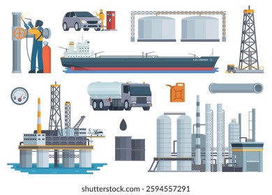 Oil and Gas Industry Illustration Bundle. Vector Set of Drilling Platform Rig, Worker, Refinery, Gas Station, and Transportation like Tanker Truck and Tanker Ship. Fully Editable Modular Elements.