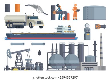 Oil and Gas Industry Illustration Bundle. Vector Set of Drilling Platform Rig, Worker, Refinery, Gas Station, and Transportation like Tanker Truck and Tanker Ship. Fully Editable Modular Elements.