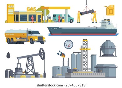 Oil and Gas Industry Illustration Bundle. Vector Set of Drilling Platform Rig, Worker, Refinery, Gas Station, and Transportation like Tanker Truck and Tanker Ship. Fully Editable Modular Elements.