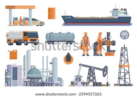 Oil and Gas Industry Illustration Bundle. Vector Set of Drilling Platform Rig, Worker, Refinery, Gas Station, and Transportation like Tanker Truck and Tanker Ship. Fully Editable Modular Elements.