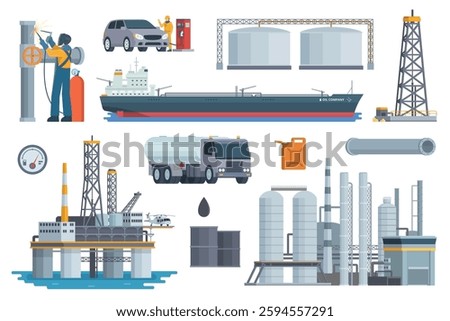 Oil and Gas Industry Illustration Bundle. Vector Set of Drilling Platform Rig, Worker, Refinery, Gas Station, and Transportation like Tanker Truck and Tanker Ship. Fully Editable Modular Elements.