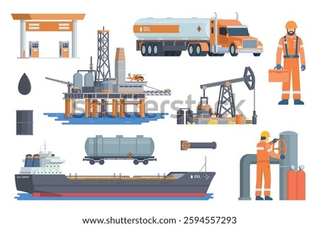 Oil and Gas Industry Illustration Bundle. Vector Set of Drilling Platform Rig, Worker, Refinery, Gas Station, and Transportation like Tanker Truck and Tanker Ship. Fully Editable Modular Elements.