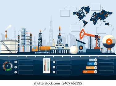 Infografía de la industria petrolera y gasífera con plataforma petrolífera marina, petrolera, bomba, transporte, fábrica y gasolinera. Ilustración vectorial eps10