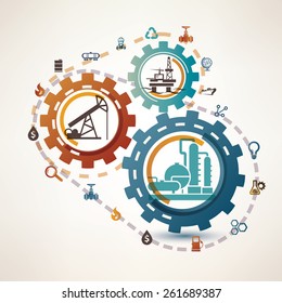 oil and gas industry infographics, extraction, processing and transportation, process and icons