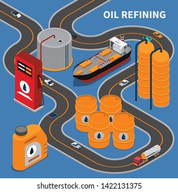 Oil and gas industry isometric composition with refining equipment and transportation means 3d vector illustration