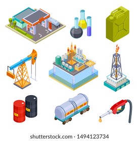 Oil Gas Industry Isometric. Fuel Storage Oil Products Gasoline Can Production Pipeline Canister Tank Ship Truck Tanker 3d Vector Icons