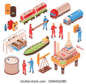 Oil Gas Industry Isometric Icons Set With Offshore Drilling Platform Rail Tank Car Truck Vessel Isolated Vector Illustration 