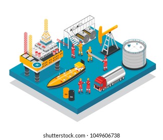 Oil gas industry jack-up drilling rig offshore platform facility isometric composition with tanker vessel vector illustration 