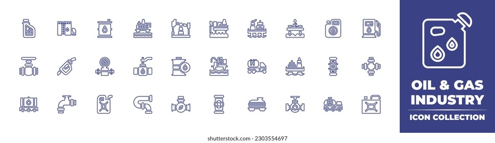 Oil and gas industry line icon collection. Editable stroke. Vector illustration. Containing oil, oil barrel, rig, platform, valve, gas fuel, natural gas, truck, pipe, valve, tank.