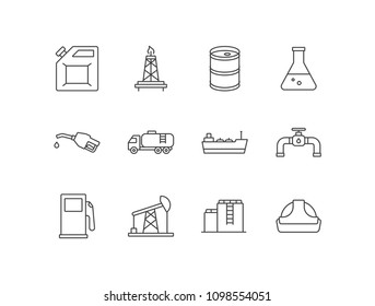 Oil and gas industry line icons set with jerrycan, drilling ring, canister, flask, pump nozzle, truck, tank ship, pipeline, station, storage, safety helmet.