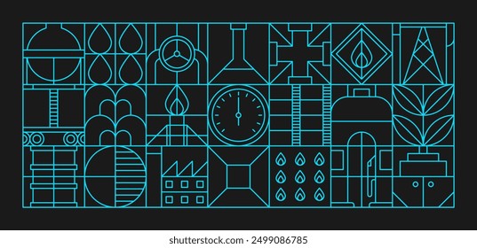 Oil and gas industry modern geometric pattern. Energy industry vector line background, abstract ornament of petroleum refinery power plant, gas flames and pipelines, fuel station and storage tank