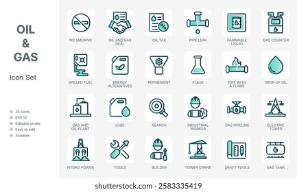 Oil and gas industry modern line icon pack