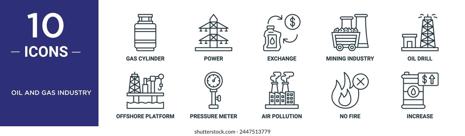 el conjunto de iconos de la industria del petróleo y el gas incluye cilindro de gas de línea delgada, potencia, intercambio, industria minera, perforación de petróleo, plataforma costa afuera, iconos de medidor de presión para informe, presentación, diagrama, Web