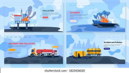 Oil gas industry pollution, eco accident vector illustration. Cartoon flat ecocatastrophe collection with offshore platform, oil gas transportation and refining industrial factory pollute environment