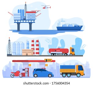 Oil and gas industry, processing station and logistics distribution transport, vector illustration. Gasoline fuel truck, petroleum supply, offshore rig pump and tanker vessel. International network