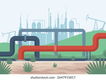Oil gas. Oil industry, gas production. Petroleum pipelines. Oil industry extraction and refinery production. Petroleum industry design vector cartoon illustration