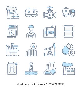 Oil and Gas Industry related blue line colored icons. Gasoline and Fuel Factory icon set.